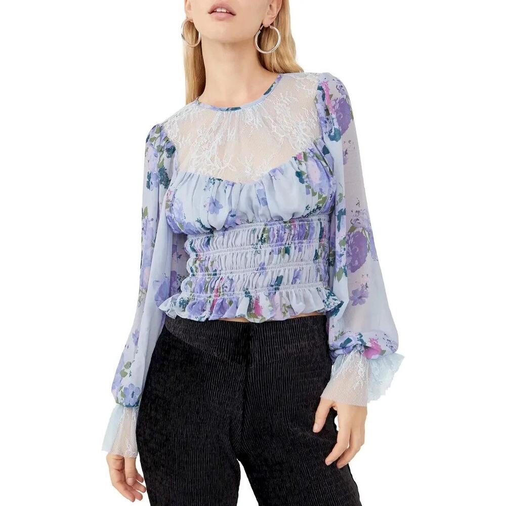 Free People Daphne Blouse In Silver Blue Combo Smocked Top Sz Small $128